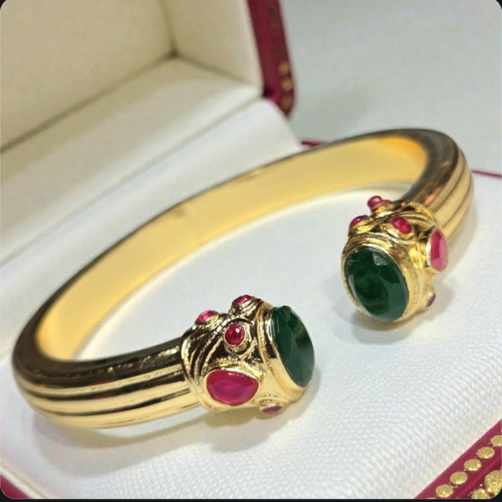 18k Gold Plated Green Onyx Pink Chalcedony Chunky Byzantine Bracelet